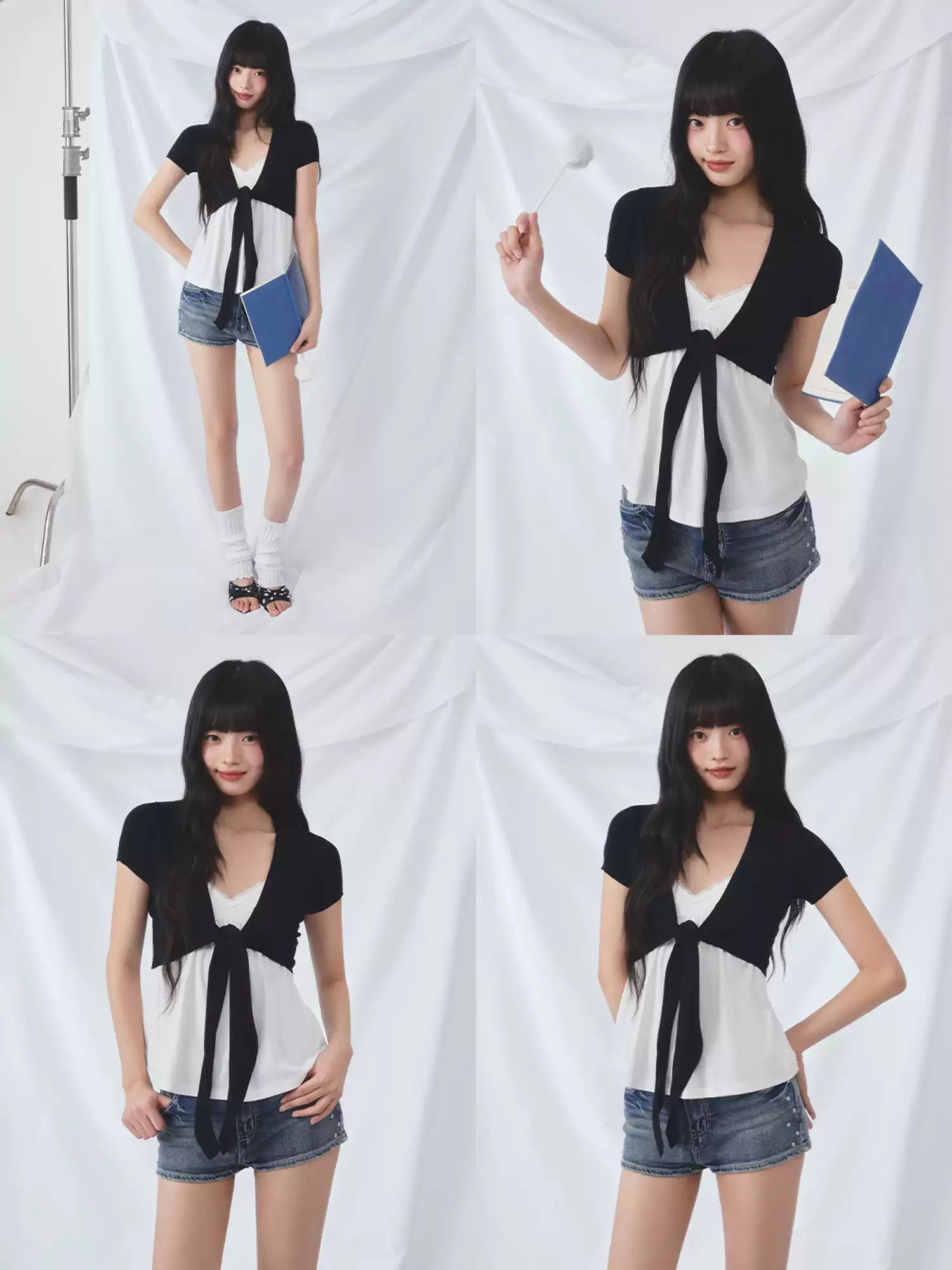 Contrast tie-front cardigan and camisole set in navy blue