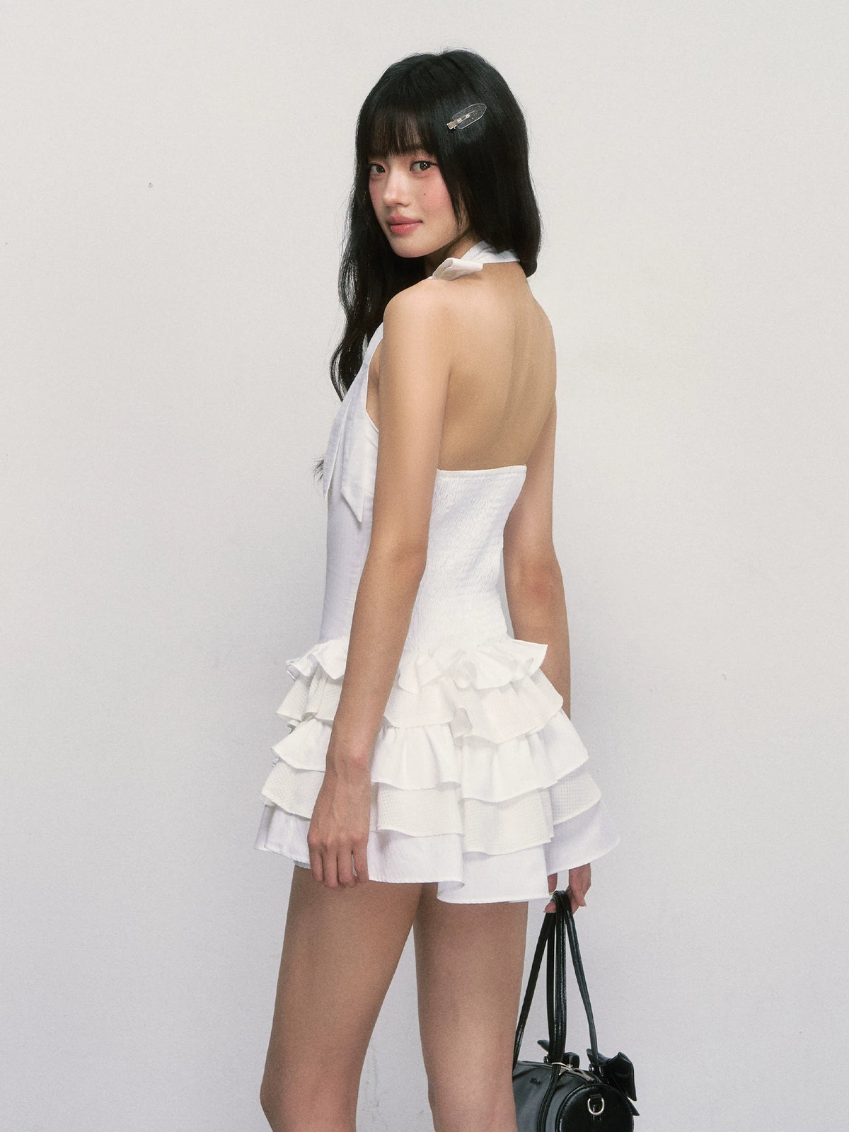French Style White Halter Neck Mini Dress