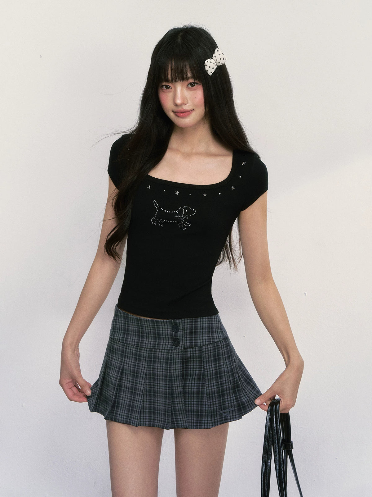 Rhinestone Puppy Square-Neck Short-Sleeve Top