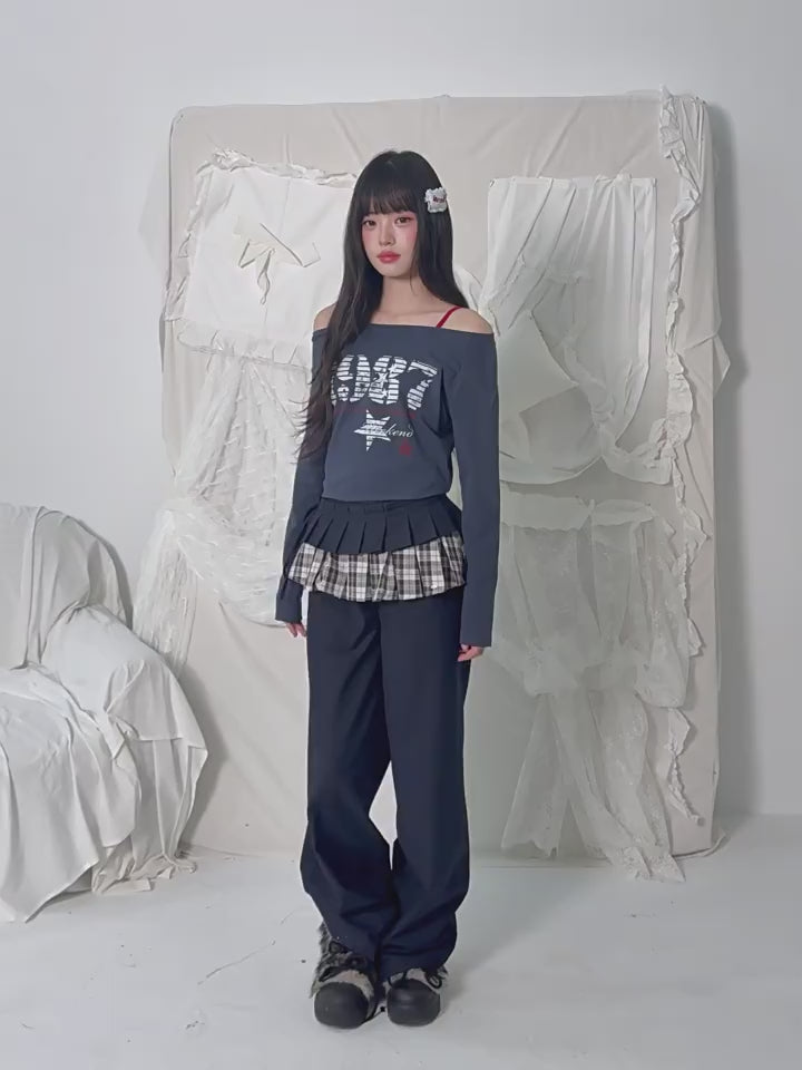 Checked layered straight-leg pants in navy blue